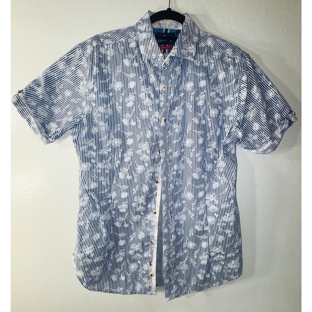 Billy London Slim Fit Mens L Blue White Floral Stripe Short Sleeve Button Shirt